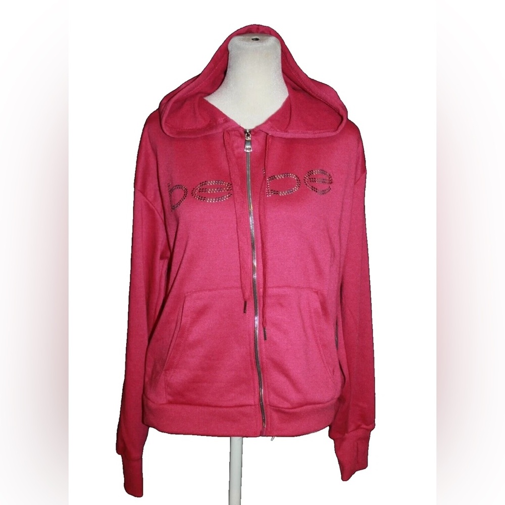 bebe Rhinestone Logo Zip Hoodie - Berry Pink